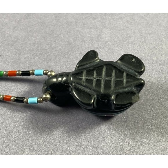 Zuni Necklace Hand Carved Onyx Multi Stone Inlaid Turtle Pendant Necklace - Picture 8 of 9
